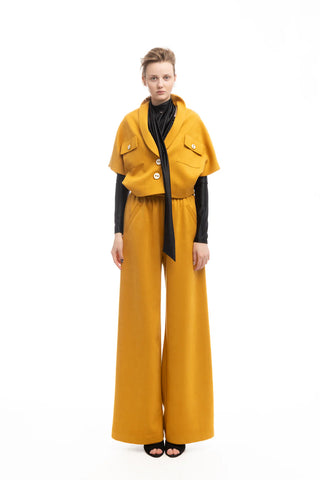 Pantaloni largi din piele întoarsă cu talie volanată, galben muștar
