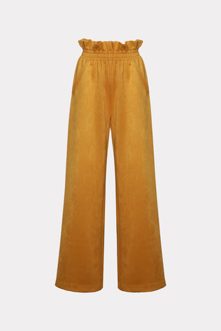 Pantaloni largi din piele întoarsă cu talie volanată, galben muștar