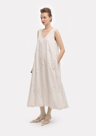 Summer Cotton Sleeveless Eyelet Dress With Balloon Hem White