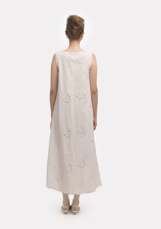 Summer Cotton Sleeveless Eyelet Dress With Balloon Hem White