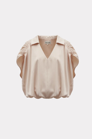 Summer Satin Bubble Blouse With Ruched Sleeves Nude Rose
