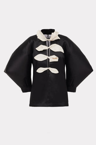 Taffeta Deep V-Neck Blouse With Satin Floral Detail – Black