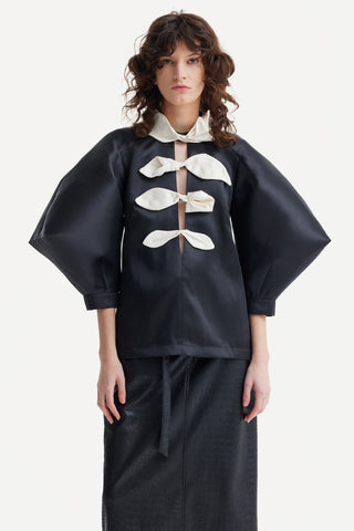 Taffeta Deep V-Neck Blouse With Satin Floral Detail – Black