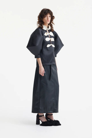 Taffeta Deep V-Neck Blouse With Satin Floral Detail – Black