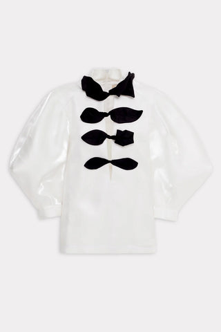 Taffeta Deep V-Neck Blouse With Satin Floral Detail – White