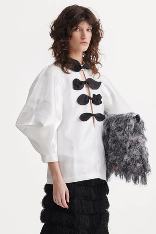 Taffeta Deep V-Neck Blouse With Satin Floral Detail – White