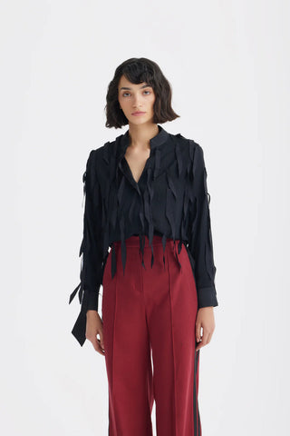Semi-Sheer Evening Blouse - Textured Crepe Black