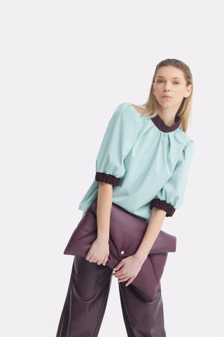 Textured Short Sleeve Blouse - Light Blue