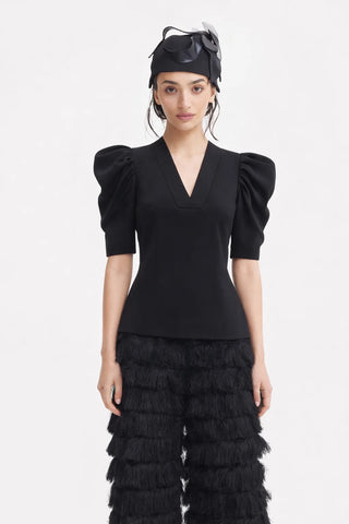 Top cu decolteu în V și mâneci bufante - negru