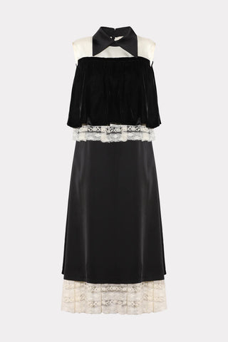 Rochie Midi Dreaptă Vintage cu Corsaj în Straturi Negru