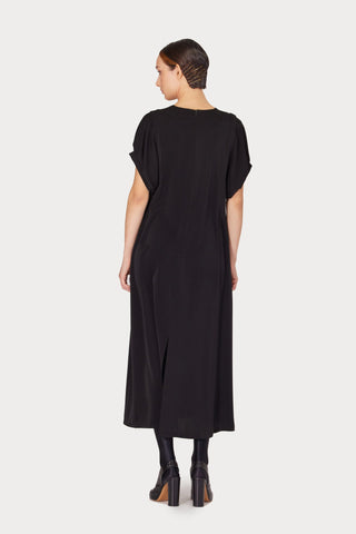 Silky Touch Midi Black Dress With Floral Detail