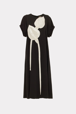 Silky Touch Midi Black Dress With Floral Detail