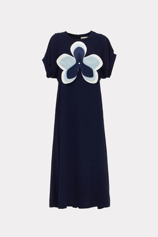 Silky Touch Midi Dark Blue Dress With Handmade Floral Appliqué