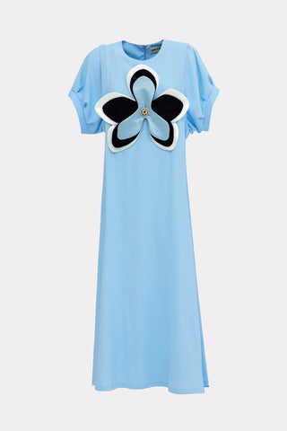 Silky Touch Midi Light Blue Dress With Handmade Floral Appliqué