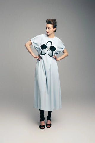 Silky Touch Midi Light Blue Dress With Handmade Floral Appliqué