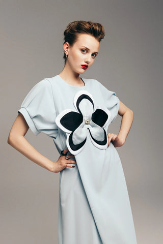 Silky Touch Midi Light Blue Dress With Handmade Floral Appliqué