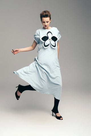 Silky Touch Midi Light Blue Dress With Handmade Floral Appliqué