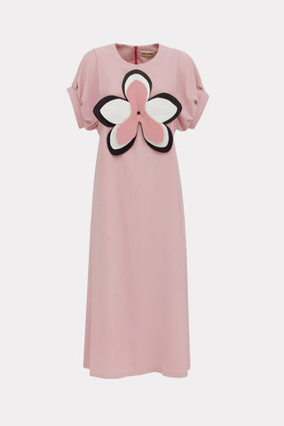 Silky Touch Midi Pale Pink Dress With Handmade Floral Appliqué