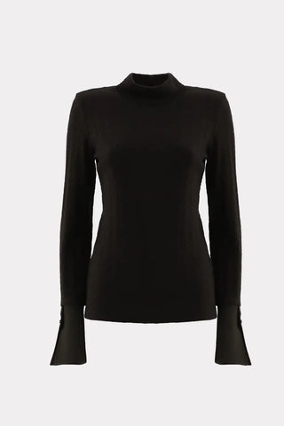 Warm Braided Knit Top With Cuffed Sleeves Black