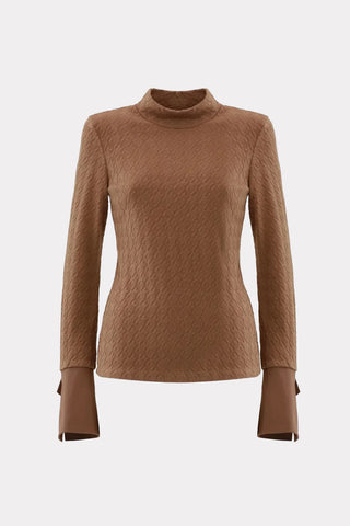 Warm Braided Knit Top With Cuffed Sleeves Brown