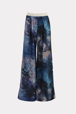 Wide-Leg Abstract Blue Print Trousers With Contrasting Waistband