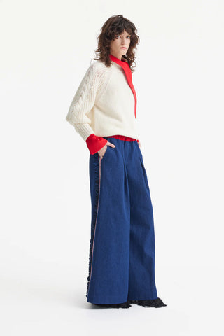 Wide-Leg Denim Trousers With Elastic Waistband – Blue