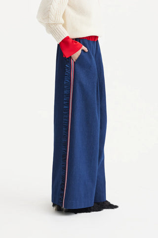 Wide-Leg Denim Trousers With Elastic Waistband – Blue