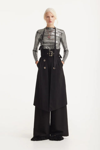 Wide Leg Trousers With Skirt Overlay Black