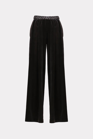 Pantaloni largi din catifea cu detalii din satin, culoare neagră